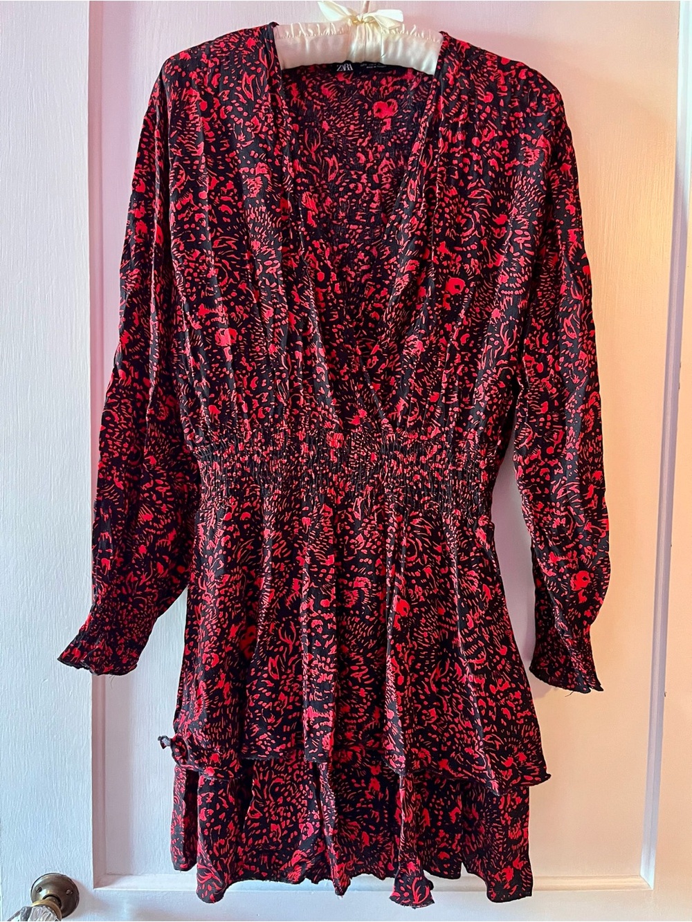 Zara Red and Black Floral V-Neck Smocked Mini Dress